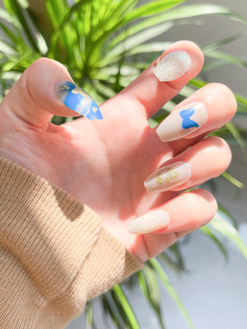 OPOOLA 24 pcs Coffin Shape Butterfly Glitter Fake Press On Nails with Jelly Glue & Nail Buffer